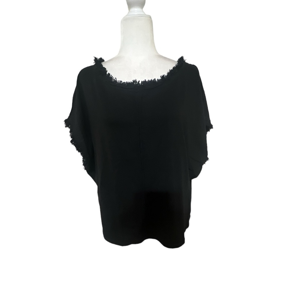 Jessica Simpson Cap Sleeve Wide Neck Cropped Top Fringe Embellished Black Sz L